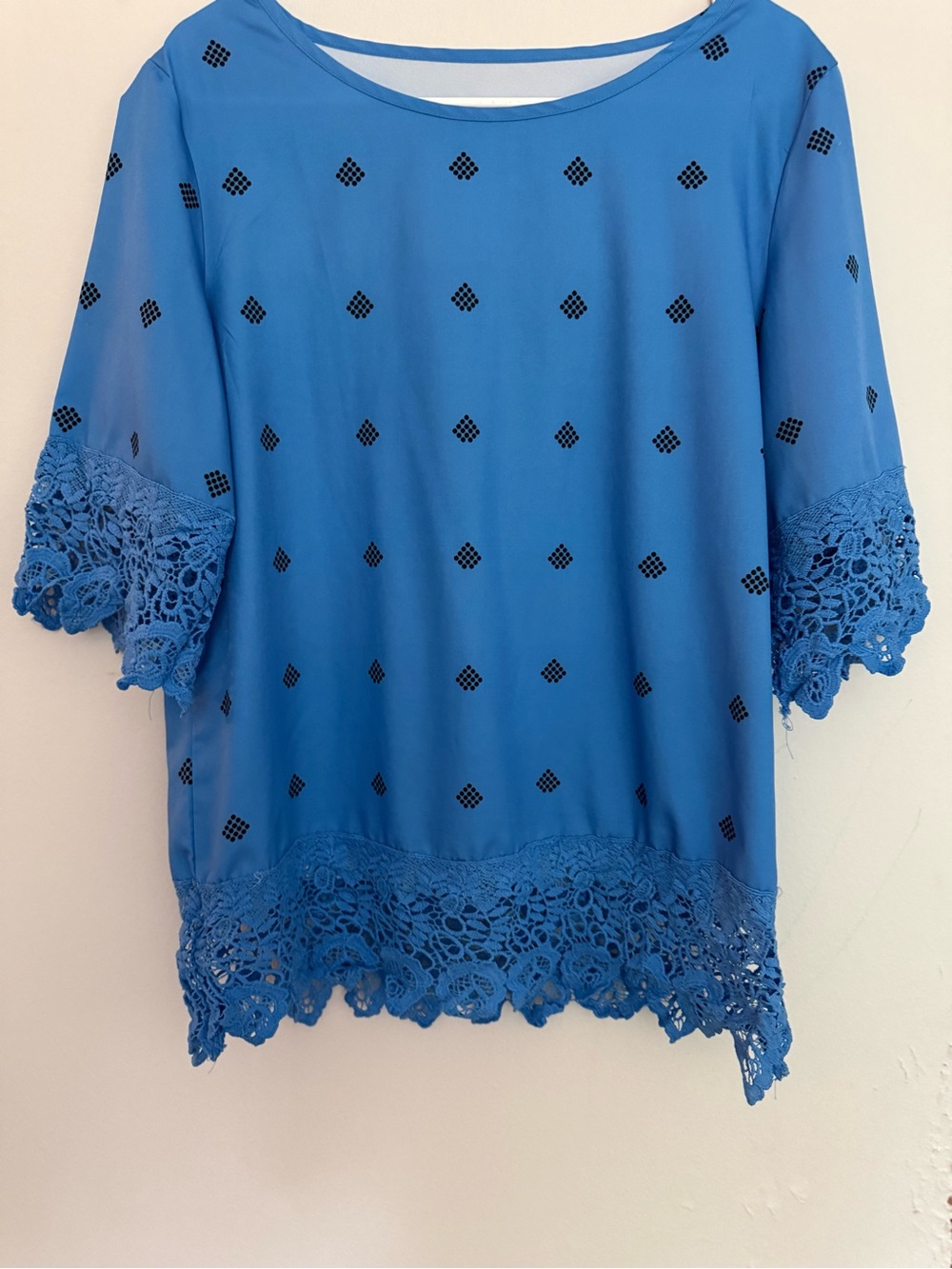 Blue Lace Trim Polka Dot Lightweight Blouse Top Size Large Boho Chic